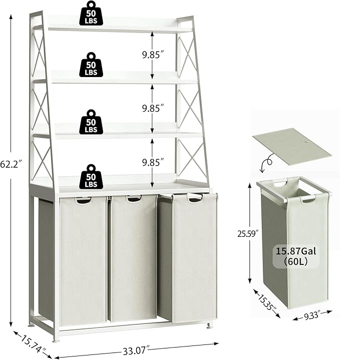 Laundry Basket, 3 Section Laundry Hamper with 4 Tiers Shelf, Pull-Out and Removable Laundry Bags, Large 3 x 15.87 Gallons, for Laundry Room Bathroom White PF05XLW