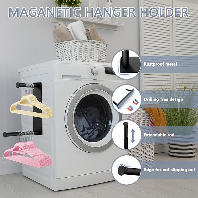 Magnetic Hanger Holder, Black Velvet Hanger Storage Rack, 2-Tier Alloy Steel, 8 lbs Capacity, 11.6" L x 6.8" W, 5" to 8" Retractable Rod, Laundry Room, Closet, Home Storage