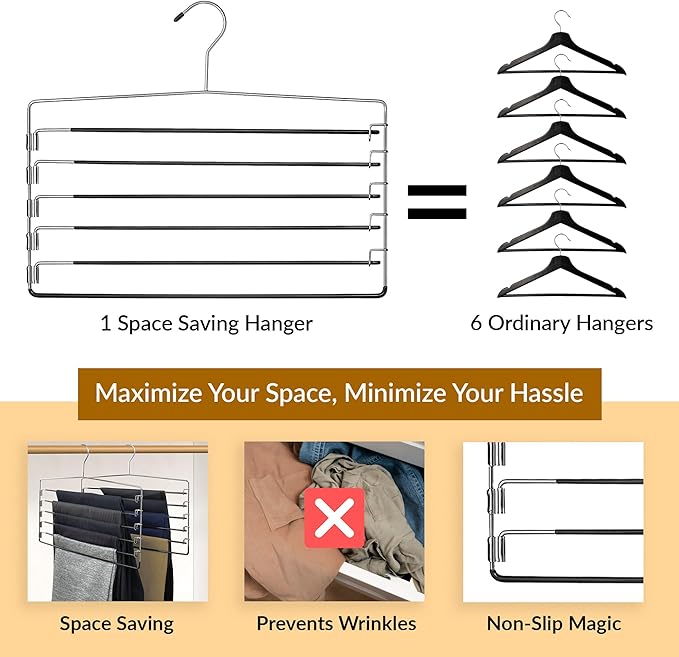 Pants Organizer for Closet ganchos para Pantalones 8 Tier Space Saving Metal Closet Organizer Pant Hangers for Women, Foldable Hangers for Pants (3, 6 Tier)