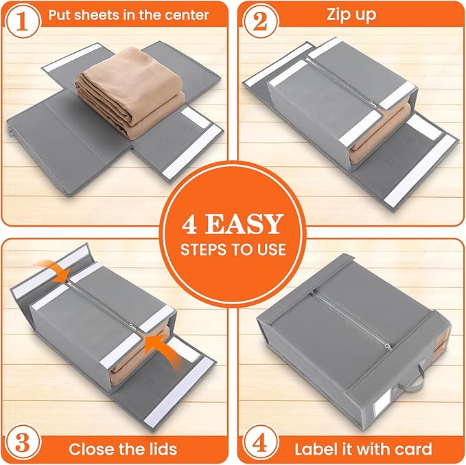 WOWBOX Sheet Organizers and Storage,Closet Bed Sheet Organizer Under Bed Storage and Organization with Label Cards & Clear Window for Bedding Sheets,Duvet Covers,Blankets (6 Pack，Gray)
