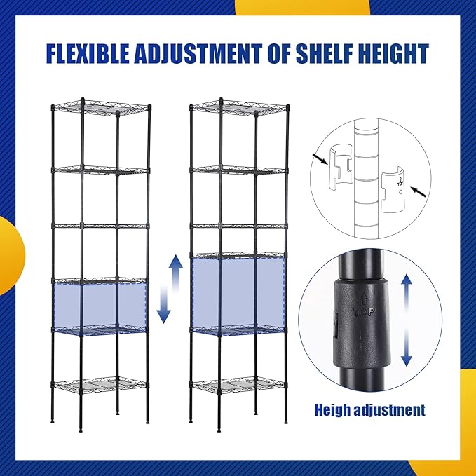 5-Tier Storage Shelves, Wire Metal Shelving Unit with Adjustable Shelves, 750 lbs Capacity, Heavy Duty Storage Rack for Kitchen, Pantry, Garage, Bathroom, Office Organization, 16.7" L×11.8" W×47.6" H