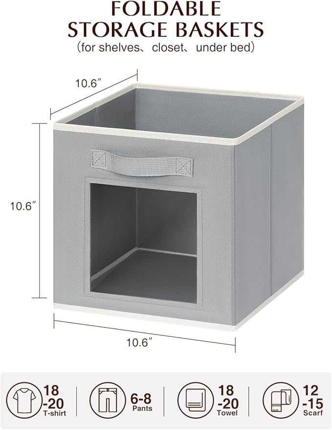 Foldable Storage Cubes - Square Organizer with Window, Decorative Baskets for Organizing, Fabric shelf Basket for Clothes, 11 Inch Closet Storage Cubes, Set of 16, Grey
