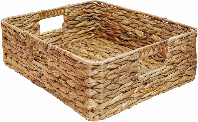 Rectangular Water Hyacinth Storage Baskets, Wicker Storage Baskets for Shelves, Square Shallow Basket, Woven Drawer Basket With Handle, 15.2” L x 12” W x 4.7” H
