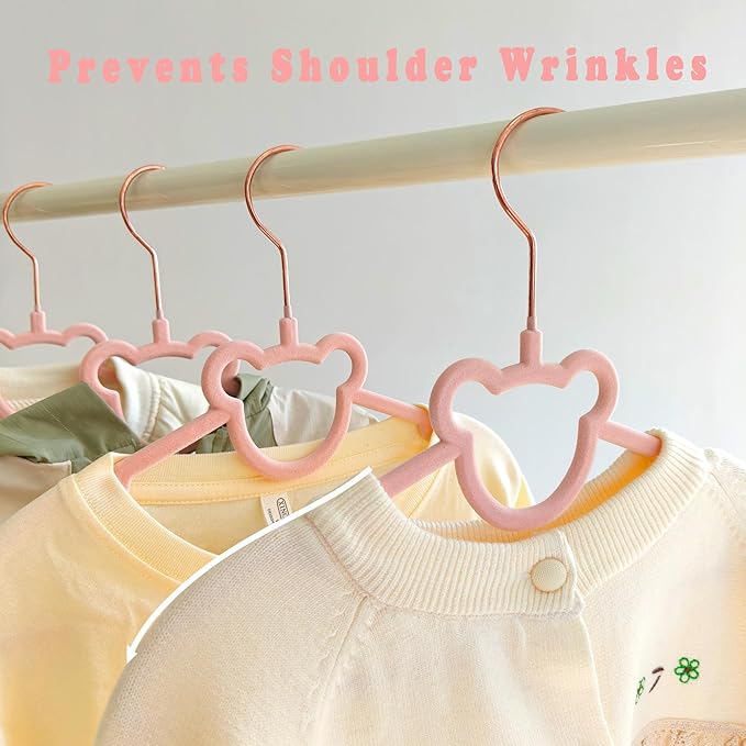 30 Pack Pink Velvet Kids Clothes Hangers - 12.6in for Ages 4-10, with Cute Bear, Rotating Rose Gold Hook, Non-Slip, Space-Saving Slim Felt Hangers for Toddler Coats, Jackets, Dresses
