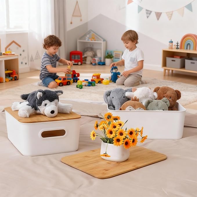 Citylife 4 PCS Storage Bins with Lids Plastic Storage Containers for Organizing Stackable Storage Box with Handle, 15.16 x 10.79 x 5.83 inch (White, 4 PCS-Large)