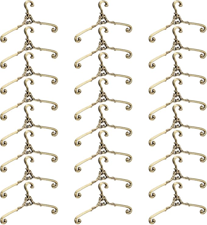 24Pcs Mini Clothes Hangers Metal Wire Doll Clothes Hangers for Dollhouse Wardrobe Golden 1.6 Inch Organize Doll Outfits and Display Accessories