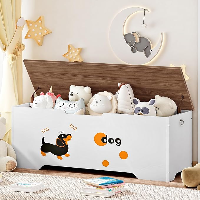 HOOBRO Toy Box, Toy Chest with 2 Safety Hinges, 47.2" Storage Bench, Wooden Storage Chest, for Entryway, Bedroom, Living Room, White and Walnut WH496CW01