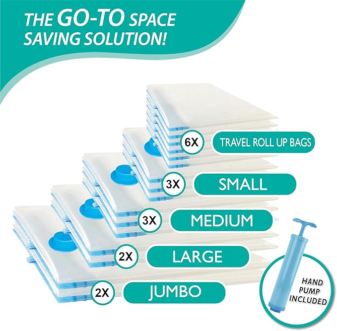 Space Saver Storage Bags, (2 Jumbo/2 Large/3 Medium/3 Small/6 Roll) Compression Vacuum Sealer Bags for Comforters, Blankets, Clothes Storage, Hand Pump Included, 16 Pack