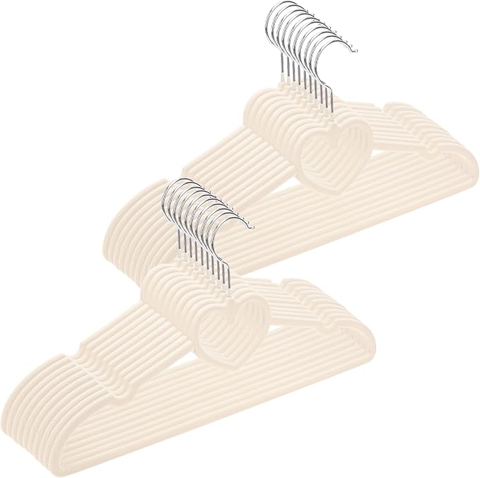 Velvet Clothes Hangers 20 Pack – 16" Non-Slip Slim ABS Hangers with 360° Swivel Hook and Heart Accent, Dry Use for Shirts, Dresses, Pants, Ties – Ivory