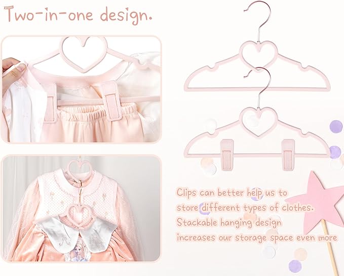 OneDream Pink Velvet Baby Hangers - 30 Pack 11inch Heart Toddler Hangers with 10pcs Clips, Non-Slip Strong and Durable Baby Clothes Hangers Without Slipping, Ultra Slim and Stackable Space Saving