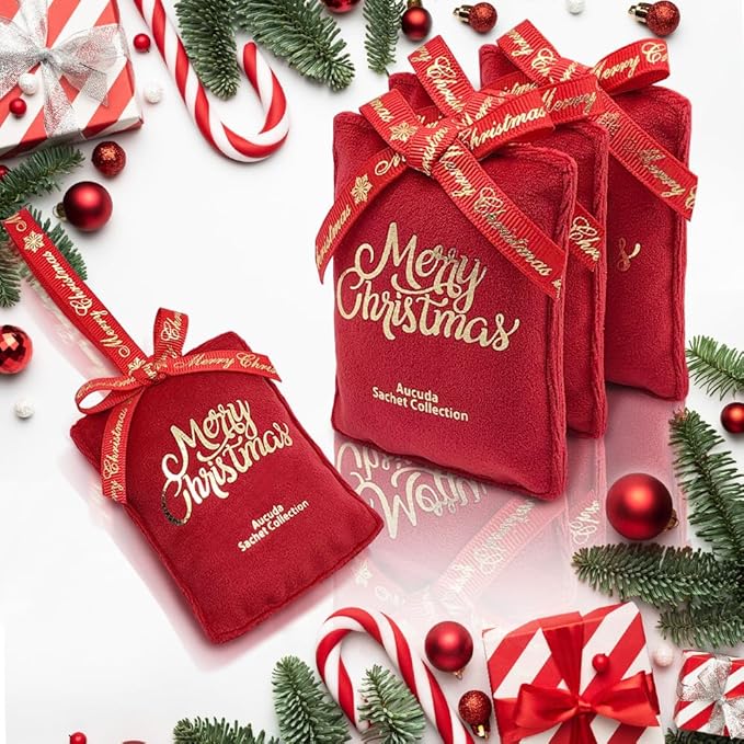 AUCUDA 4pcs Sachet Bags Apple Cinnamon Scented for Drawers and Closets, Potpourri Packets for Women Outfit, Spring Red Fragrance Pillow for Bedroom Indoor, Fresheners for Wedding