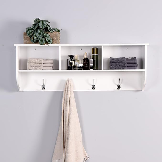 Elegant White Wooden Wall-Mounted Coat Rack with Shelf - Entryway Organizer with 4 Dual Hooks - Modern Storage Display for Home Decor, Plants, Photos - MDF Construction - 39"x8"x14"