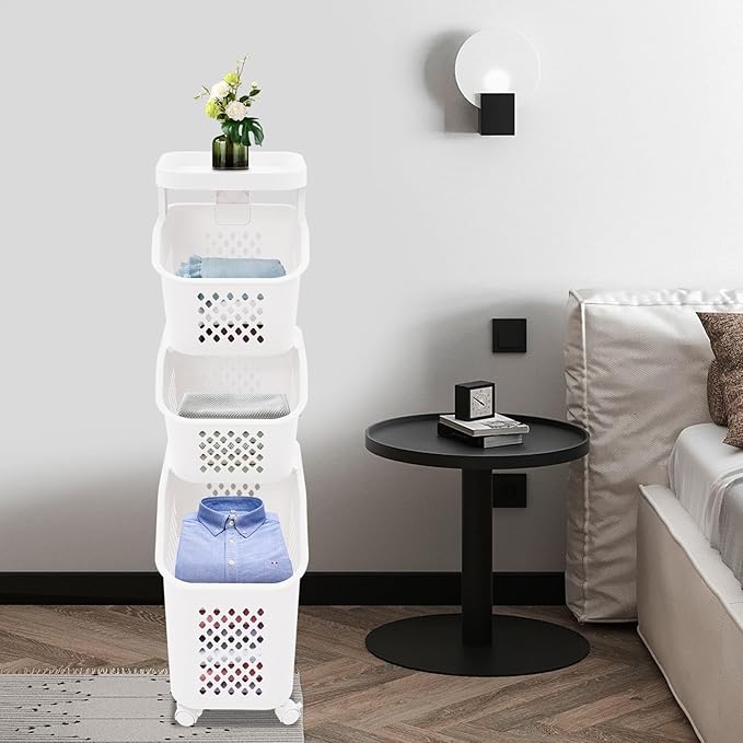 3 Tiers Rolling Laundry Hamper, White Plastic Laundry Basket Holder with Wheels, Vertical Laundry Hamper Sorter Cart, Rolling Clothes Hamper Organizer for Bathrooms Bedrooms