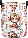 Large Custom Name Laundry Hamper, Monkey Personalized Dirty Clothes Hamper Storage Basket with Name for Bathroom Bedrooms, Customized Name Circular Hamper with Handles for Baby Boys Girls Men Women