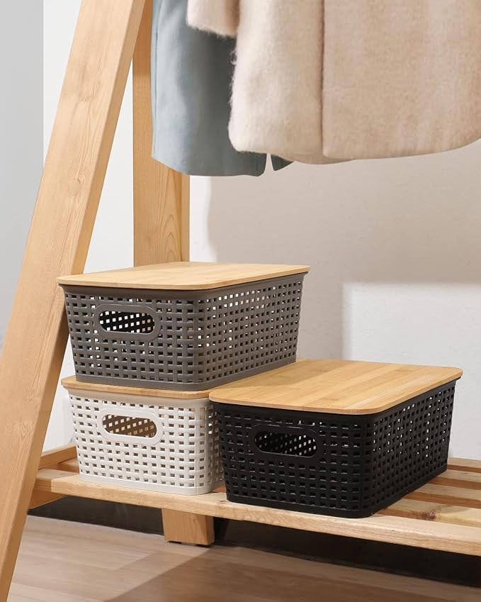 AREYZIN Storage Bins with Bamboo Lids Set of 6 Lidded Storage Container Plastic Baskets Organizer Bins for Organizing Kithen Room Bedroom Office Closet, Sturdy(Grey)