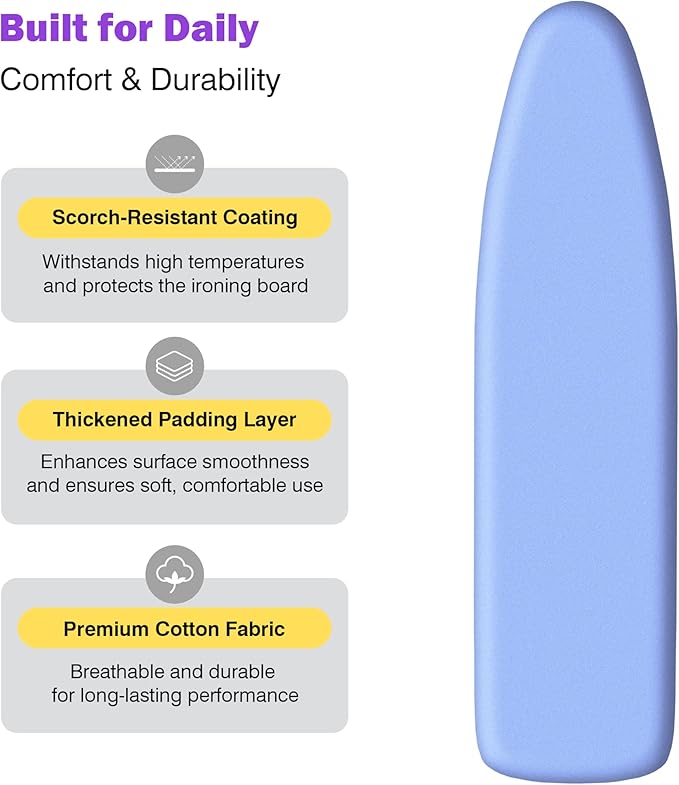 Ironing Board Cover and Pad 15x54 Standard Size, Extra Thick Cotton Iron Board Cover with Padding, Silicone Coated and Scorch Resistant, Elastic Edge with Hook & Loop Strap, Heatproof Blue
