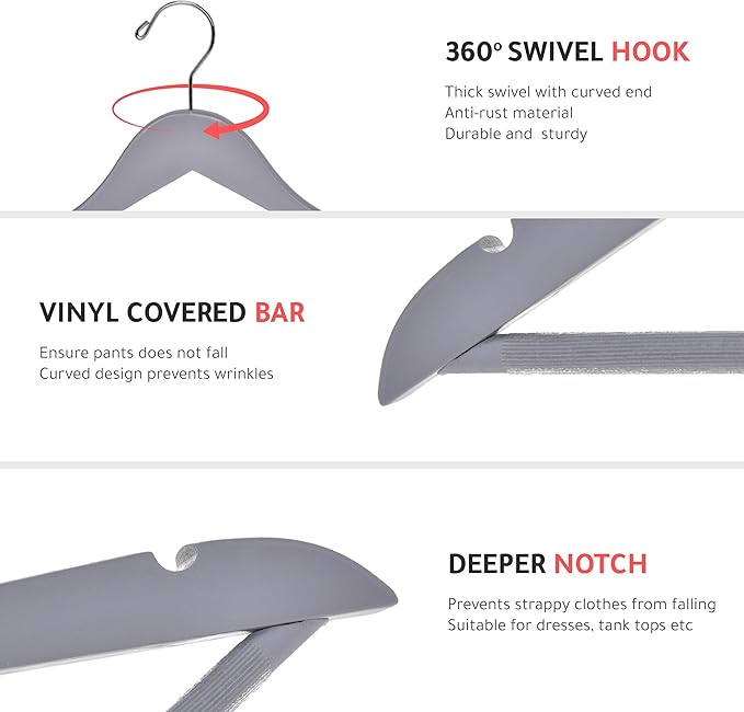 Quality Wooden Hangers - Slightly Curved Hanger Set of 80-Pack - Solid Wood Coat Hangers with Stylish Chrome Hooks - Heavy-Duty Clothes, Jacket, Shirt, Pants, Suit Hangers (Gray, 80)