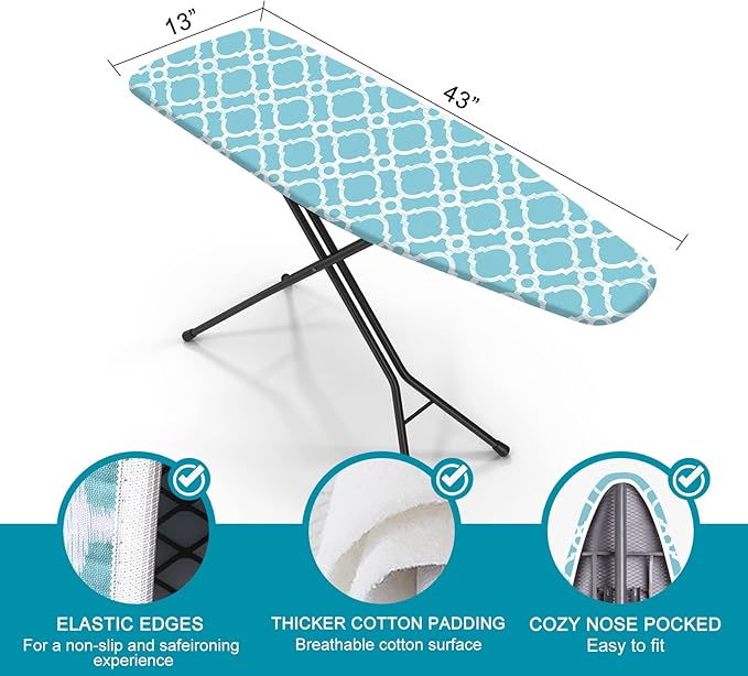 Ironing Board Cover and Pad, Standard Size 12" x 42" Iron Board Replacement Cover, 4 Layers Extra Thick Iron Board Cover Resist Scorching and Staining with Elastic Edge and 2 Fastener Straps