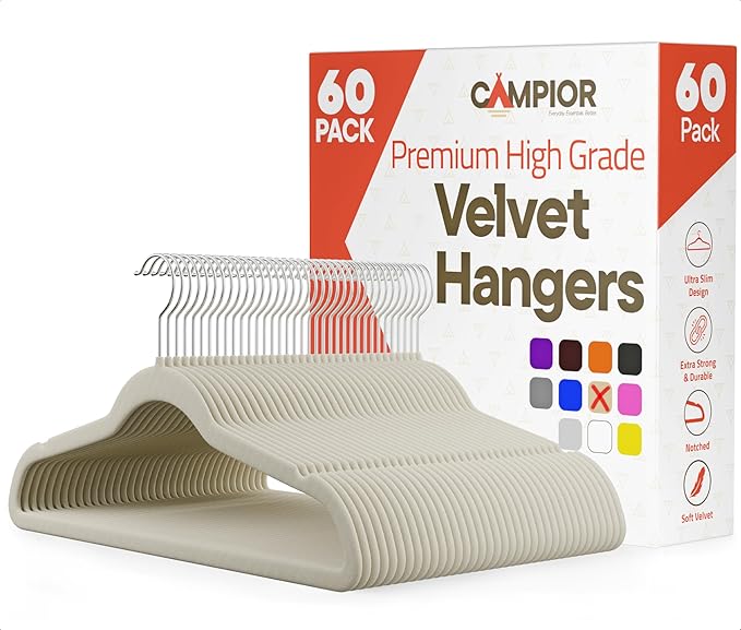 Ivory Velvet Hangers 60 Pack – 360° Swivel Hook, Non-Slip and Space Saving Hangers, Heavy-Duty 11 lbs Weight Capacity - Smooth Velvet Finish for Crease-Free Clothes and Effortless Closet Organization