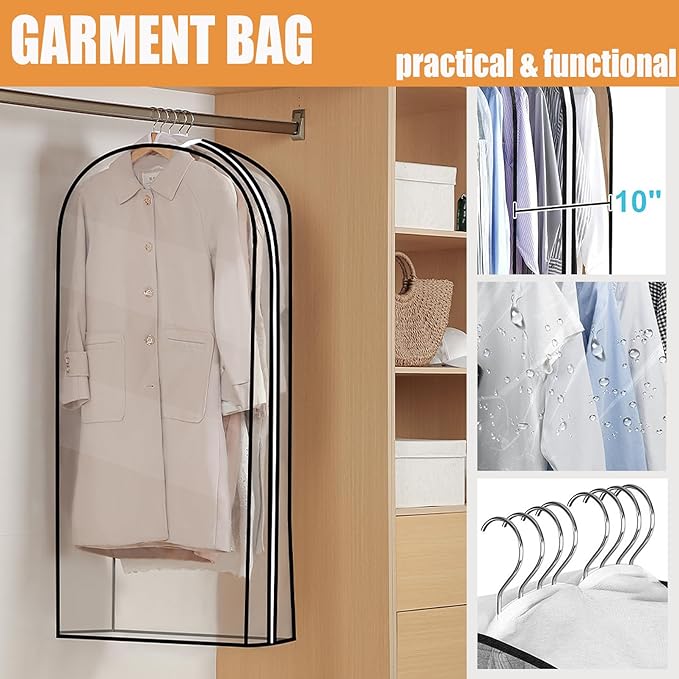 60" All Clear Garment Bags with Zipper for Hanging Clothes, 3Pack 10" Gusseted Plastic Dress Bags for Gowns Long Clothes Storage Cover for Long Dress Fur for Open Closet