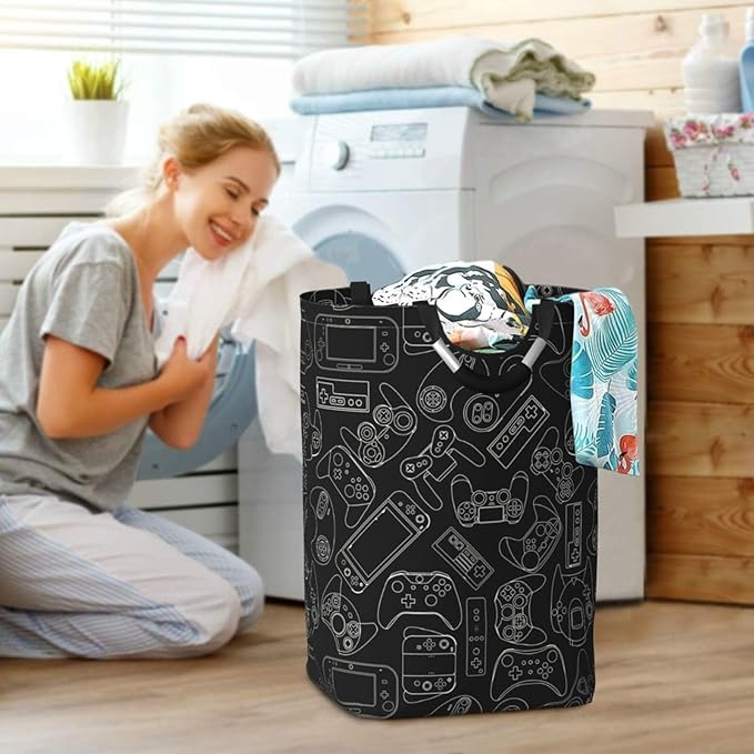 Video Game Controller Black Background Large Laundry Hamper Gaming Theme Storage Basket Toys Clothes Organizer Bin For Home Bathroom Bedroom Dorm Nursery, 60l