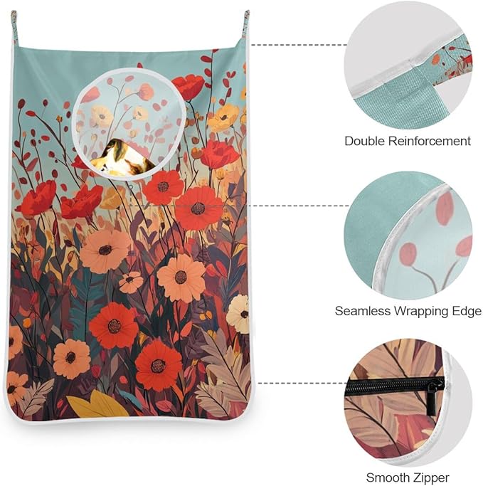 Autumn Poppy Flowers Door Hanging Laundry Hamper Bag with Free Adjustable Stainless Steel Hooks Dirty Clothes Hamper Extra Large Over the Door Laundry Hamper 29.5X20inch 2Pack