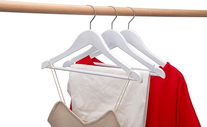 Quality Hangers 20 Pack Kids Hangers 14 Inches - Junior Preteen Youth Wooden Clothes Hanger with Curved Shoulder Swivel Chrome Hook Coated Pant Bar & Nonslip Notches (White, 20)
