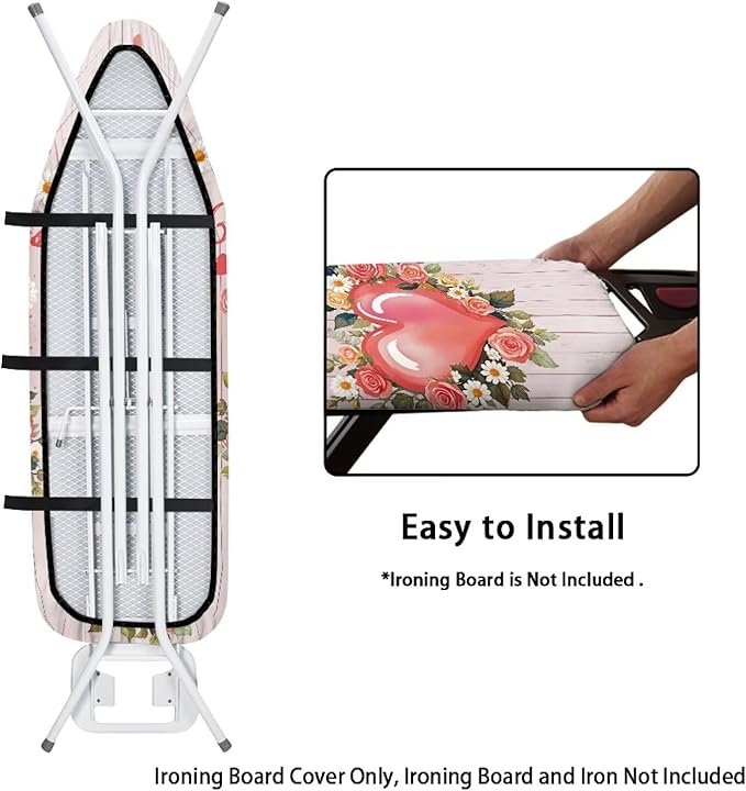 Love Heart Ironing Board Cover Floral Heavy Duty Iron Pad Covers Romantic Standard Boards Full Size Scorch Resistant, Wood Print, Valentines Day Decoration