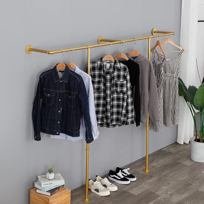 Industrial Pipe Clothing Rack Wall Mounted,Wall Mounted Clothes Rack,Five Bases, Strong Load Bearing Capacity, Space Saving, Suitable for Clothes Display and Storage (80.7, Gold)