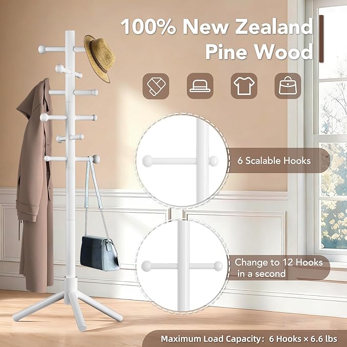 Wooden Coat Rack Freestanding with 12 Hooks 3 Adjustable Heights，Standing Coat Rack Tree for Hat and Coat Rack for Small Spaces Entryway,Office,Bedroom,White