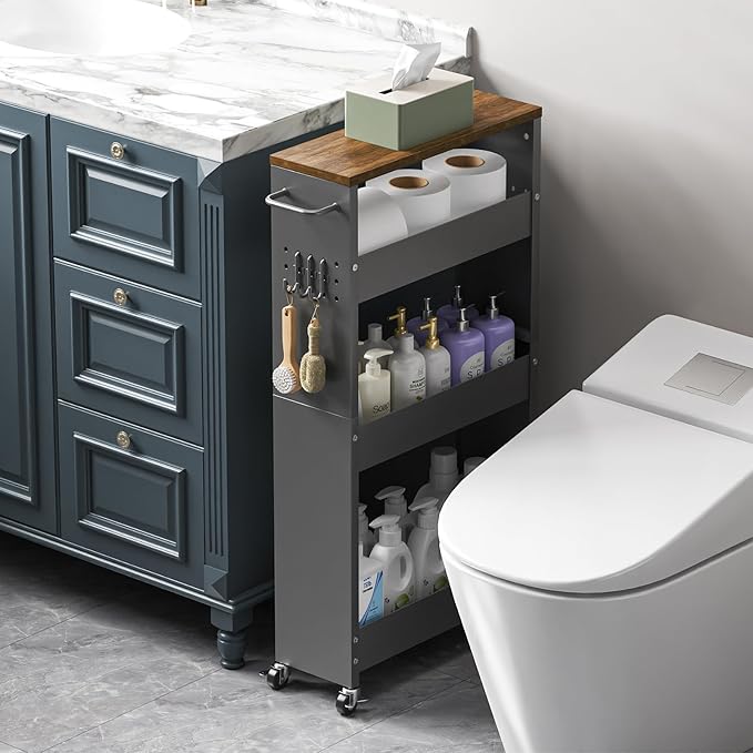 Slim Storage Cart, 4-Tier Kitchen Rolling Cart Narrow Storage Cabinet with Handle & Wheels, Metal Rolling Shelf Unit for Kitchen Bathroom Laundry Small Places (5.9IN/ Gary/Brown)