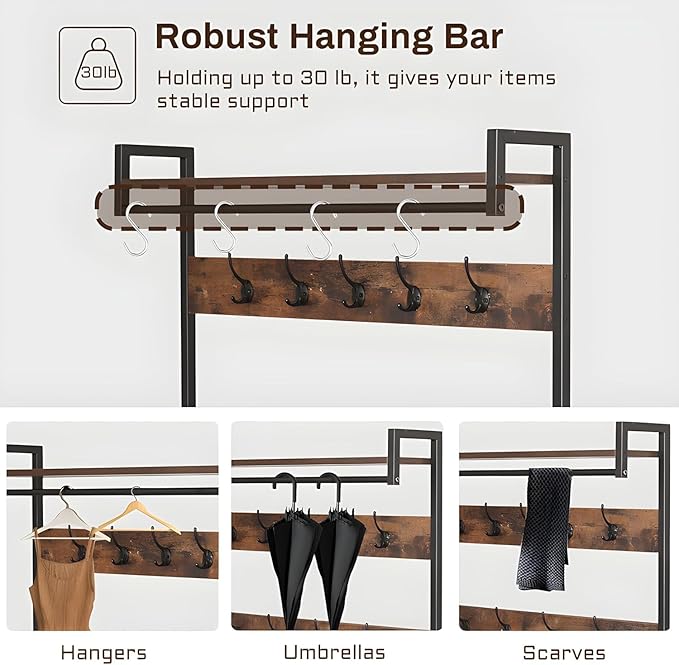 Hall Tree With Bench and Shoe Storage, 5 in 1 Entryway With Coat Rack, 71'' Industrial Wooden Metal Coat Tree With 14 Hooks, Shoe Storage and Wall Rack for Hallway Mudroom Bedroom (Rustic Brown)