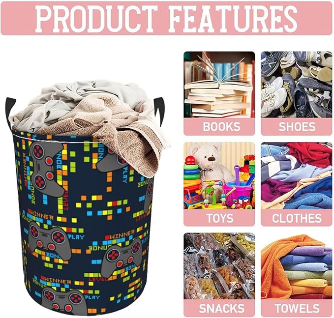 Game Joystick Gaming Pixels Round Laundry Hamper Storage Basket Toys Clothes Organizer Bin For Home Bathroom Bedroom Dorm Nursery, 62l