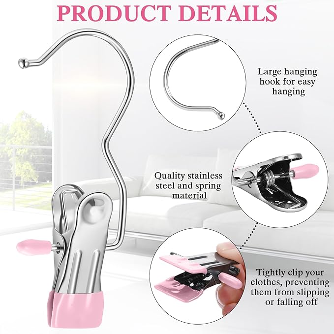 Yinder 250 Pcs Boot Hangers Clips Laundry Hooks Hanging Stainless Steel Clothes Pins Portable Clip Hangers for Closet Travel Socks Pants Handbags Hats Towels (Pink)