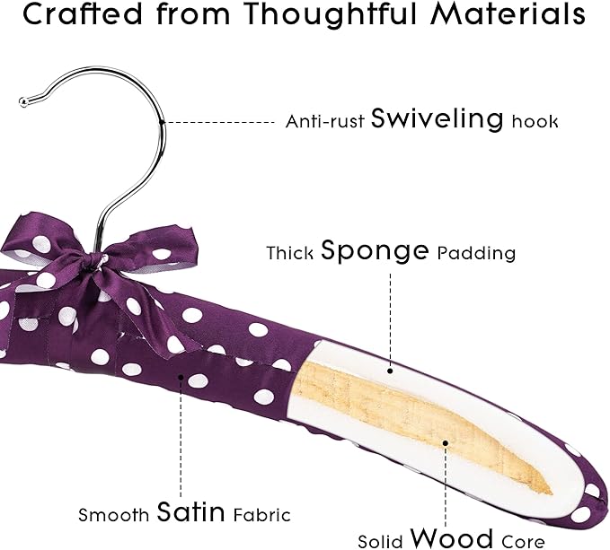Women's Satin Padded Hangers - 15" Foam-Filled Wooden Clothes Hangers with No Shoulder Bumps, Bow Accent, for Sweaters, Blouses, Dresses - 5 Pack (Purple Polka Dot)