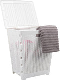 Mind Reader 61L Foldable Laundry Hamper, Clothes Basket, Lid, Wicker Design, Plastic, 18"L x 14.5"W x 21.25"H, White