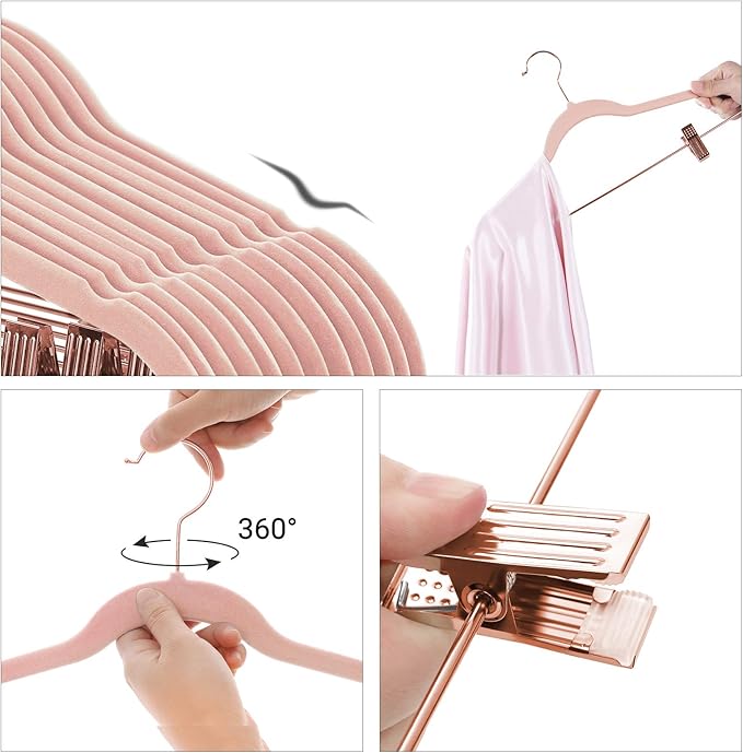 SONGMICS 24 Pack Pants Hangers, 16.7 Inch Coat Hangers with Rose Gold Colored Movable Clips, Heavy-Duty, Non-Slip, Space-Saving, for Pants, Skirts, Dresses, Light Pink UCRF14PK24
