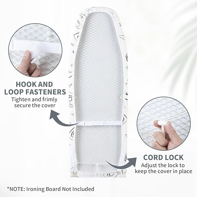 Seiritex Over The Door Ironing Board Cover 14 x 42 inch, Thick Padding and Heat Reflective with Hook and Loop Fasteners, 3 Layers Iron Board Cover (White)