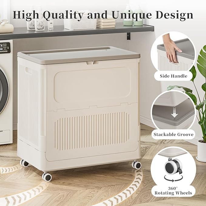 HAIXIN HOME Rolling Laundry Hamper with Lid, 130L Large Clothes Hampers for Laundry, Plastic Collapsible Laundry Baskets with Wheels and Lid, Install-Free & Easy to Transport to Laundry Room (2 Pack)