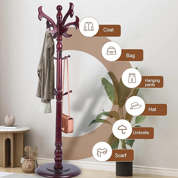 Free Standing Coat Rack with 14 Hooks, Vintage Wooden Coat Tree, Adjustable Height 73 Inches, Retro Coat Stand for Entryway, Living Room, Office & Bedroom (Mahogany) (fishtail, 1 PCS)