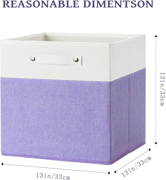 13 x 13 Inch Fine Linen Storage Bins with Handles，Fabric Cube Boxs，Basket Organizers for Shelves for Home, Closet Drawers (White/Purple-4 Pack)
