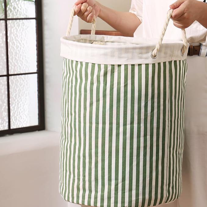 Large Storage Laundry Hamper Basket 62L with Handles for Dirty Clothes Toy Organizer Bins, Waterproof, Collapsible Laundry Hamper, Classic Stripes Pattern, Green Color,1-Pack, Bathroom, Dorm