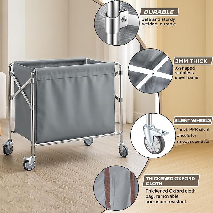 Collapsible Laundry Cart with Wheels, 12 Bushel (400L) Commercial Hamper Basket Large Heavy Duty Rolling Laundry Basket for Home Organizer Storage, Foldable Truck, Gray