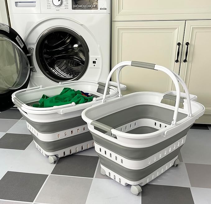 SAMMART 35L (9.24 Gallons) Collapsible Plastic Laundry Basket with Handle and Wheels - Foldable Pop Up Storage Container/Organizer with handle and wheels - Space Saving (2, White/Grey)
