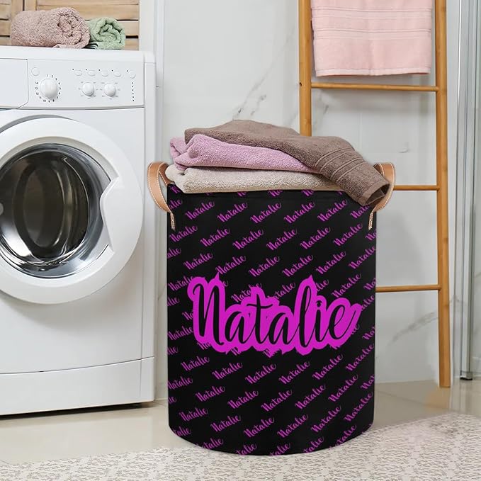 Personalized Laundry Basket, Custom Gift Laundry Hamper, Collapsible Nursery Waterproof Laundry Baskets, Dirty Clothes Toy Hamper with Handles Name Text Black Purple