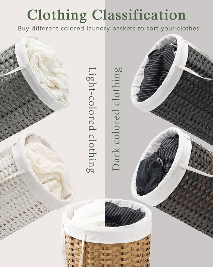 Laundry Basket with Lid Round Rattan Laundry Hamper with Lid and Handles 29.1 Gal (110 L) Handwoven Woven Basket with Removable Bags and 2 Mesh Bags for Bathroom Living Room Black