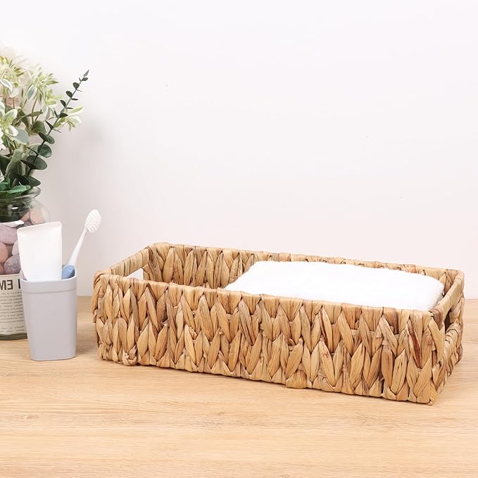 Wicker Storage Baskets with Handle Water Hyacinth Basket for Organizing Decorative Storage Bins for Countertop Toilet Tank Boho Rectangular Home Organizer (Natural, 15.9" x 6.8" x 4.1")
