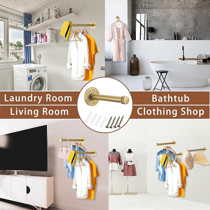 Sumnacon 2 Pcs 8 Inch Industrial Pipe Clothes Bar - Heavy Duty Rustic Metal Coat Hanger with Screws,Wall-Mounted Garment Holder Rack for Bedroom Bathroom Wardrobe Boutique Clothing Store, Gold