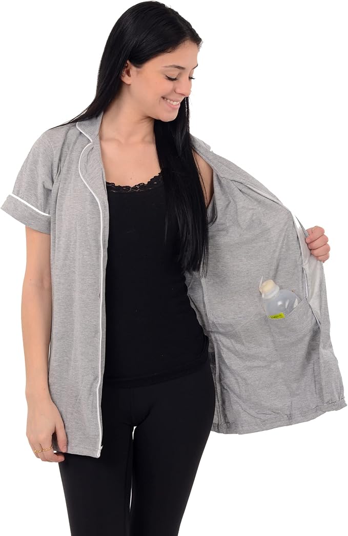 USBD Post Mastectomy Shirt with Drain Pockets Lapel Collar Post Op Button Down Recovery Tops