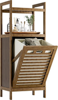 HITNET Bamboo Tilt Out Laundry Hamper, Bathroom Storage Cabinet with Hidden Removable Basket and 2 Open Shelves, Space Saving Bamboo Storage for Clothes, Towels and Toys, Walnut